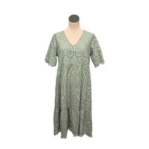 Vanessa Zani‎ Dress Womens Large Green Eyelet Midi Made In Italy 100% Cotton